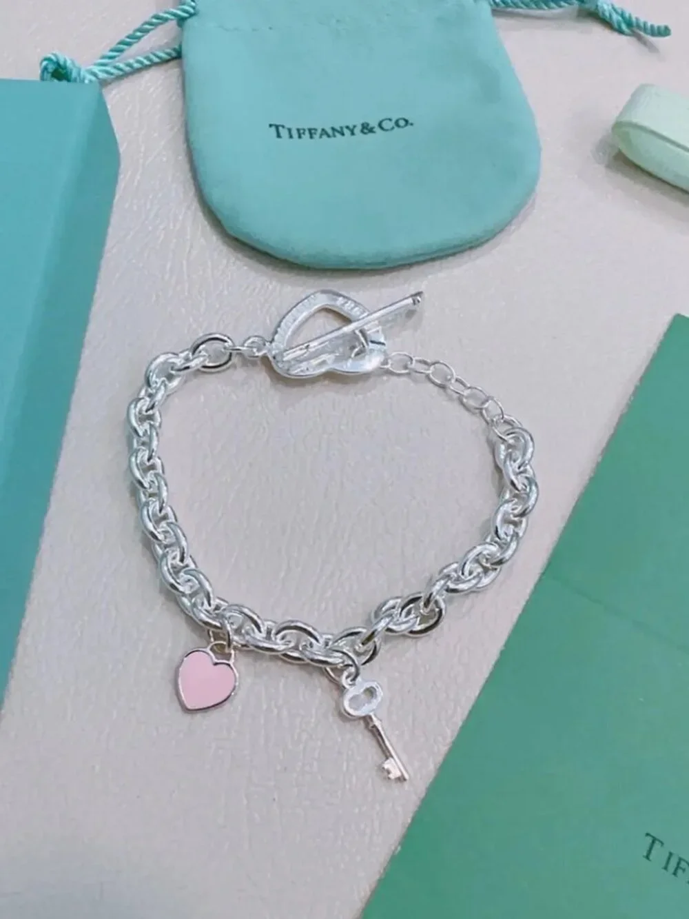 Tiffany & Co. Pink Heart Silver Bracelet